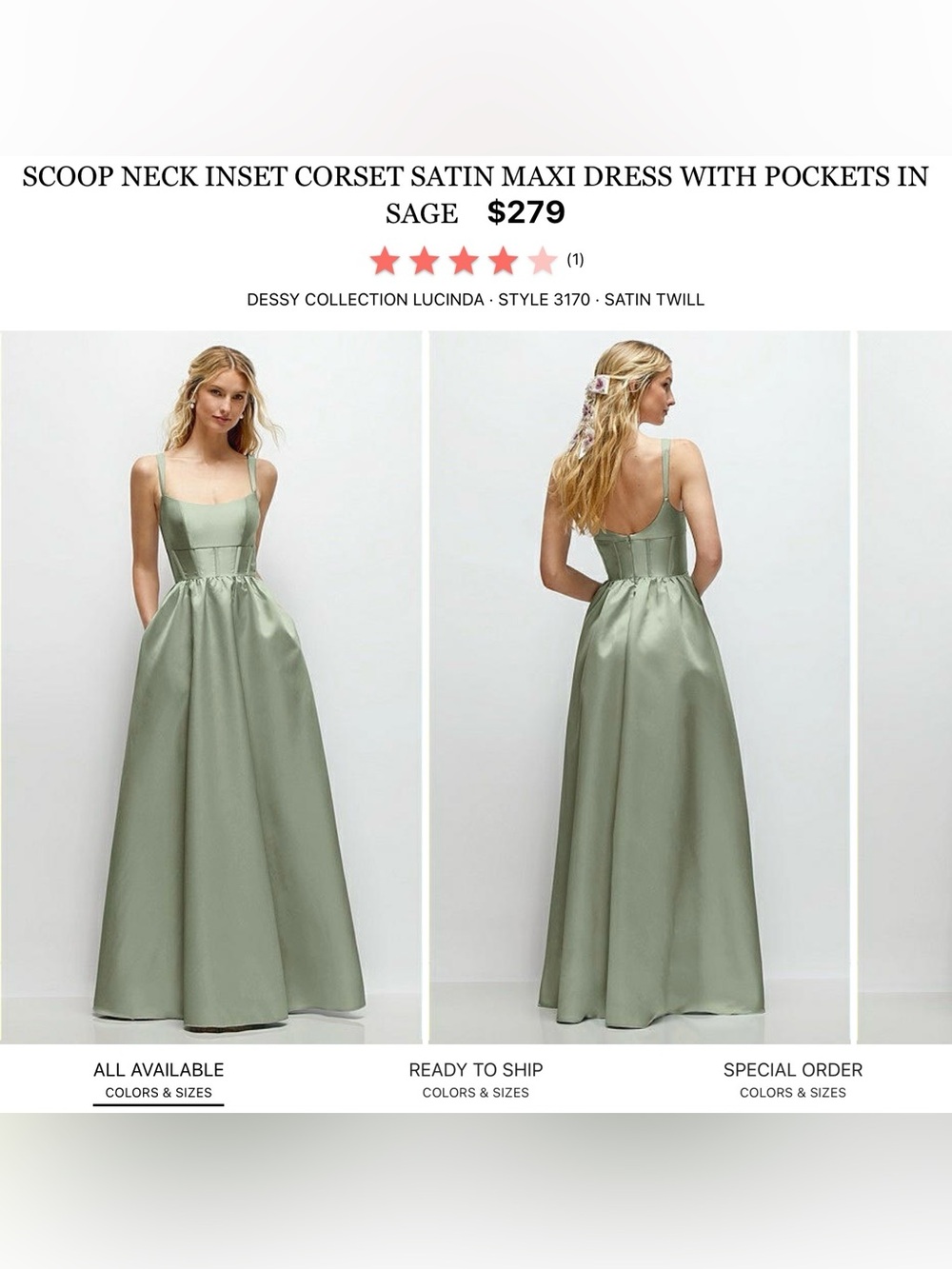 Dessy Collection Sage Satin Scoop Neck Corset Maxi Dress